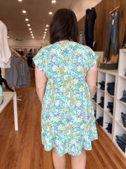 Floral Bouquet Babydoll Dress- Mint
