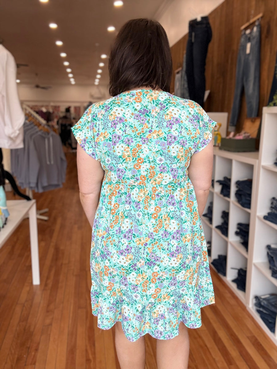 Floral Bouquet Babydoll Dress- Mint