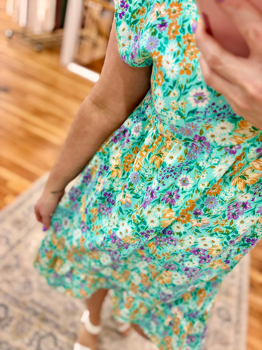 Floral Bouquet Babydoll Dress- Mint