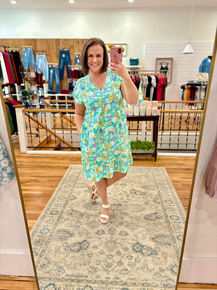Floral Bouquet Babydoll Dress- Mint