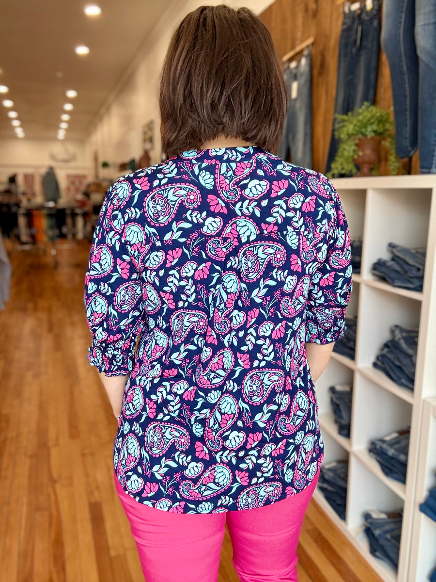 Lizzy 3/4 Sleeve- Navy Leaves