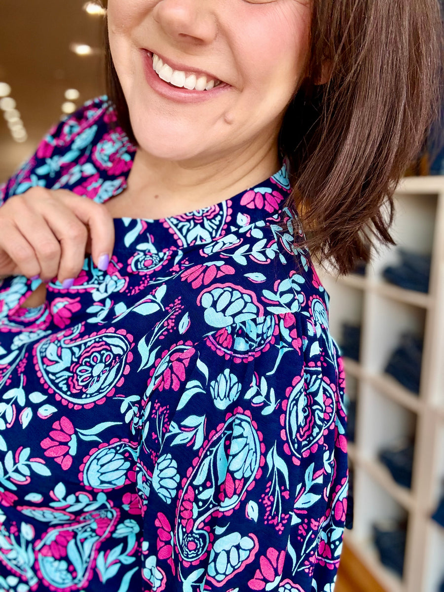 Lizzy 3/4 Sleeve- Navy Leaves