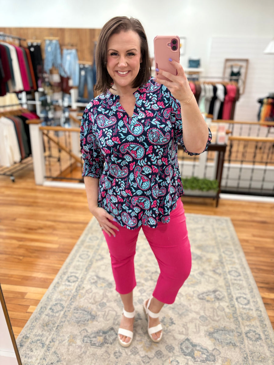 Lizzy 3/4 Sleeve- Navy Leaves