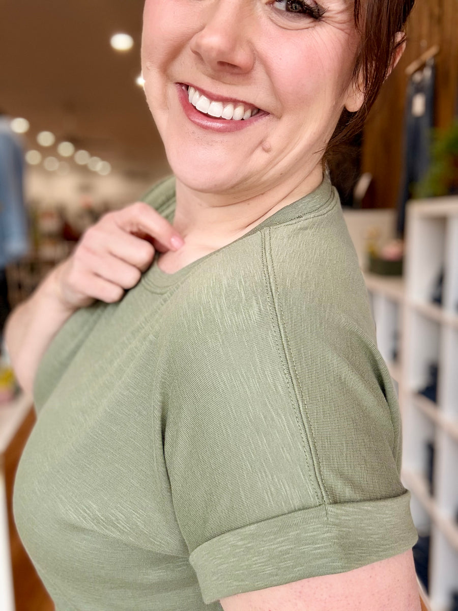 Cotton Modal Rolled Sleeve Tee- Olive