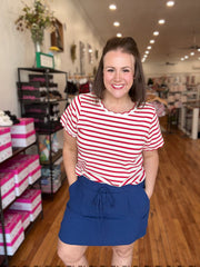 Scalloped Edge Stripe Tee- Red