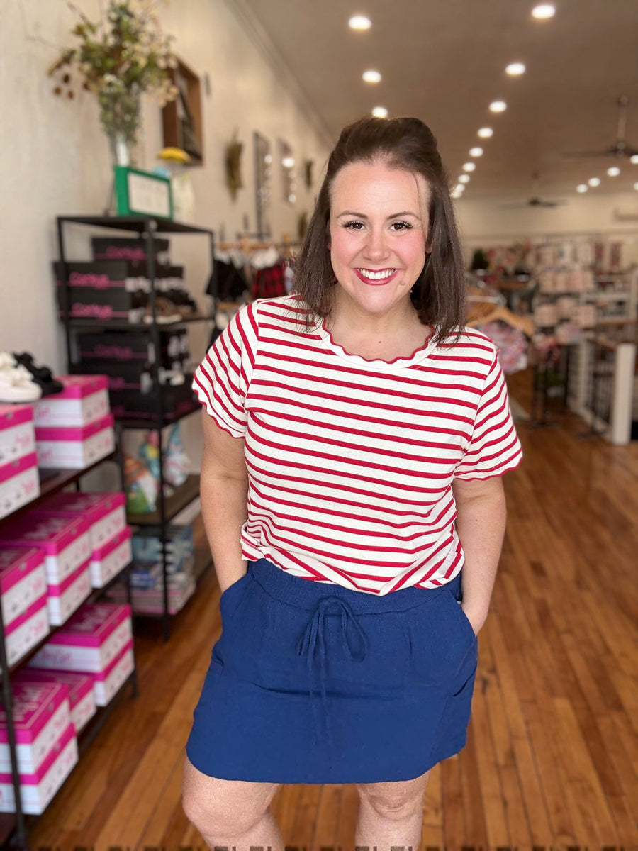 Scalloped Edge Stripe Tee- Red