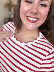 Scalloped Edge Stripe Tee- Red
