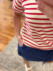 Scalloped Edge Stripe Tee- Red
