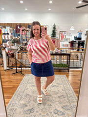 Scalloped Edge Stripe Tee- Red