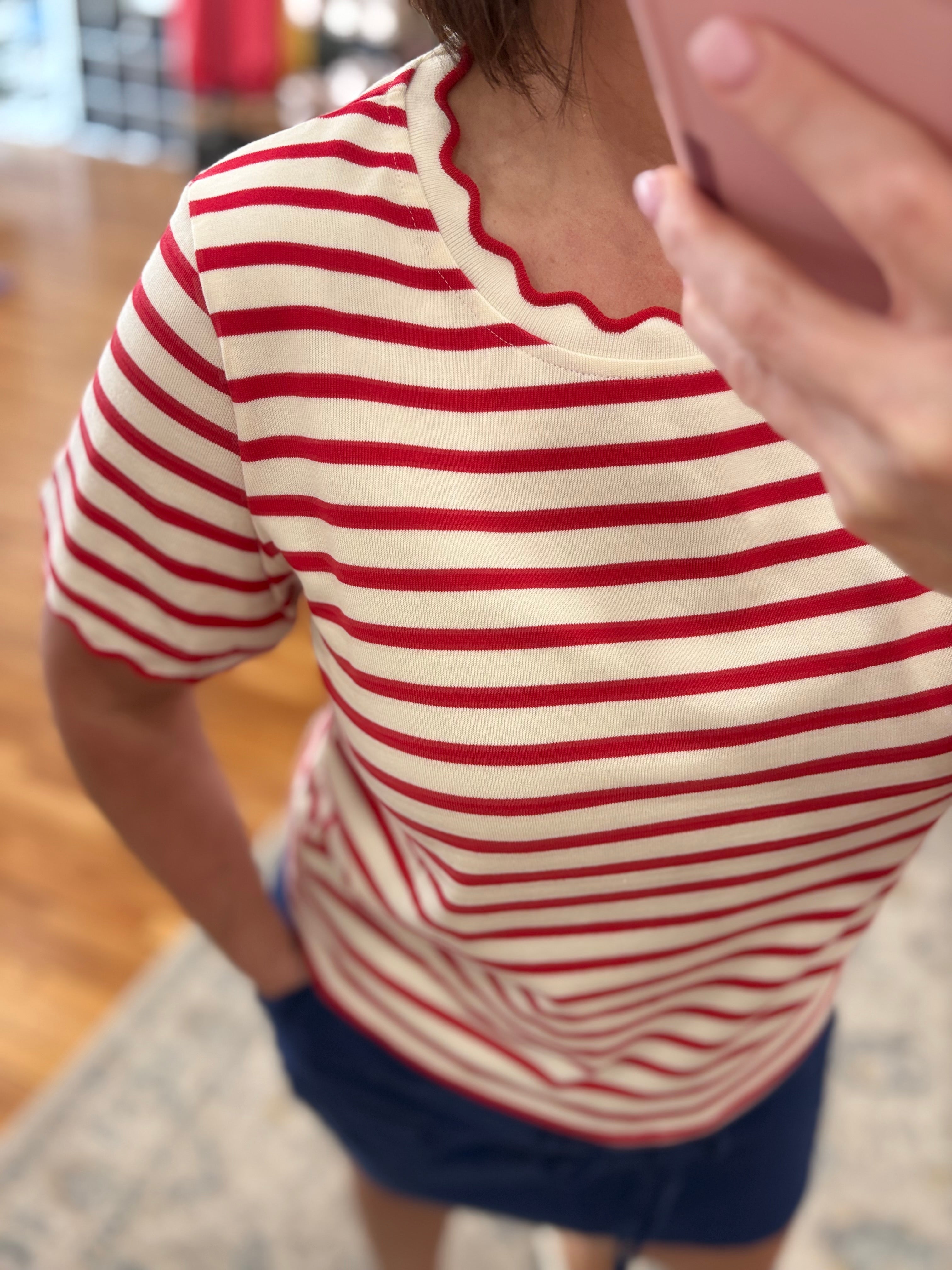 Scalloped Edge Stripe Tee- Red – Poppy and Polka Dot Boutique