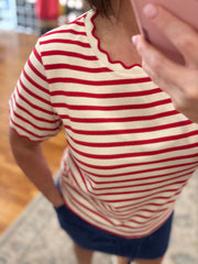 Scalloped Edge Stripe Tee- Red