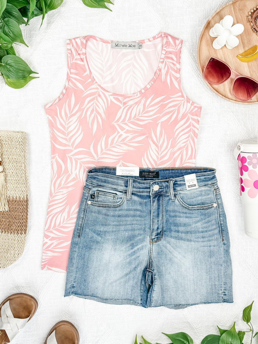 Luxe Crew Tank - Pink Leaves