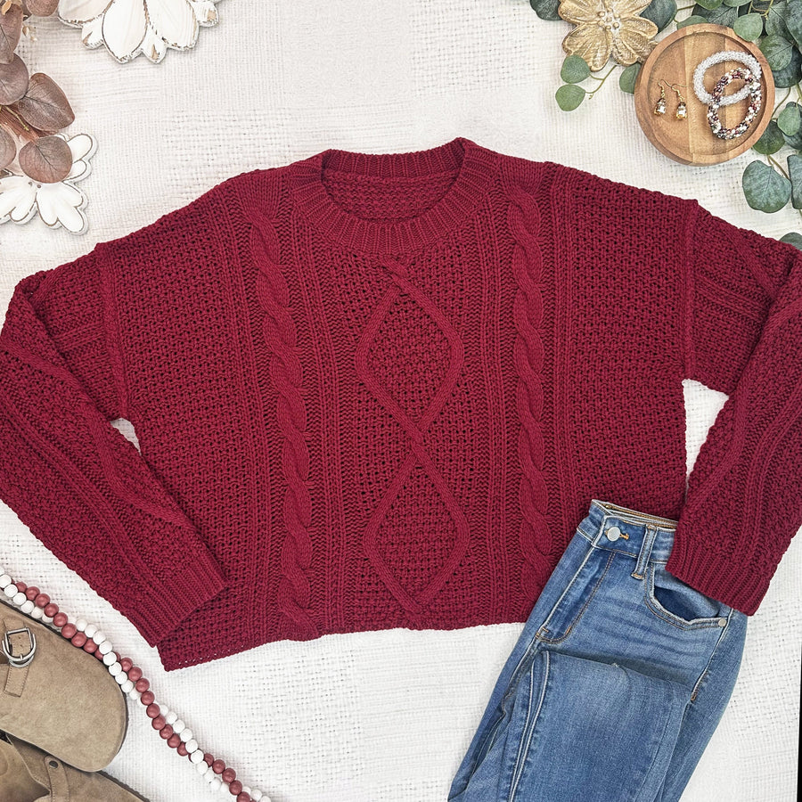 WAREHOUSE ONLY Cable Knit Sweater - Cranberry