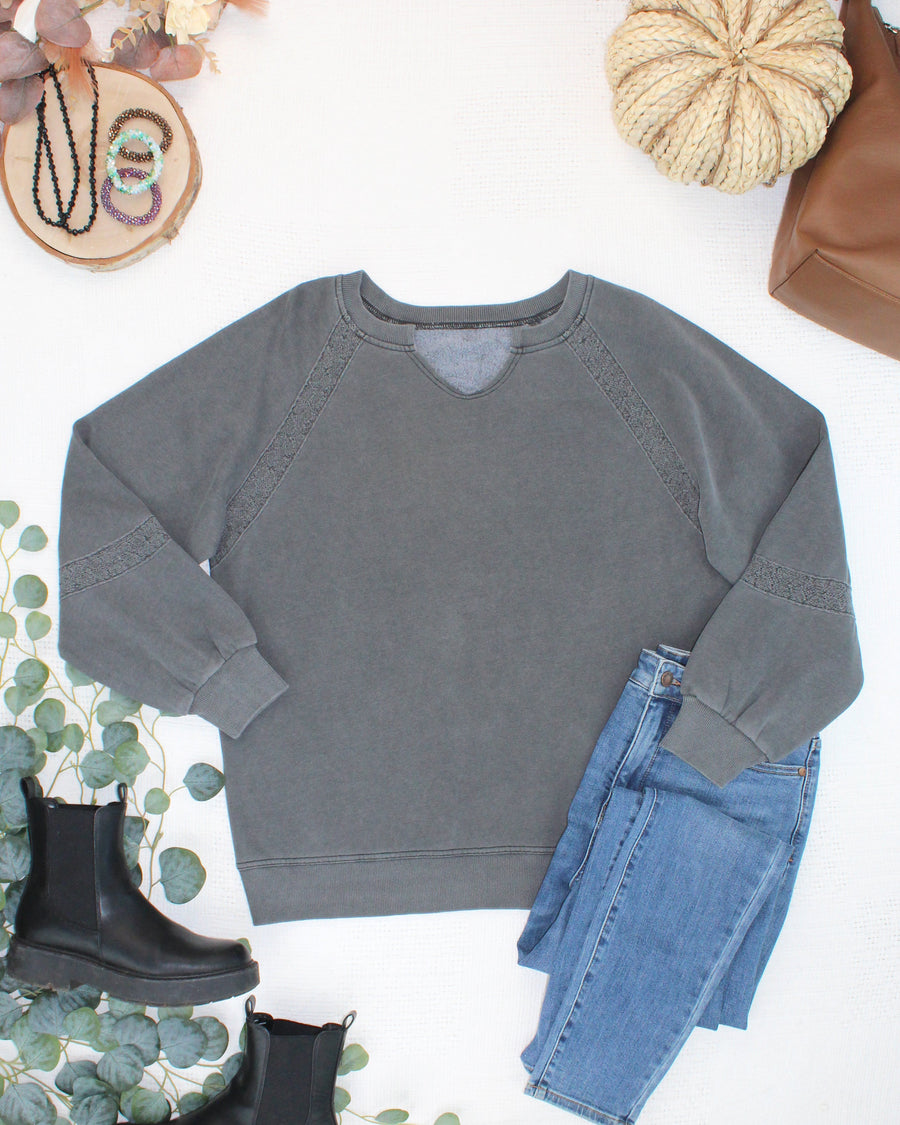 WAREHOUSE ONLY Lace Accent Vintage Wash Pullover - Black