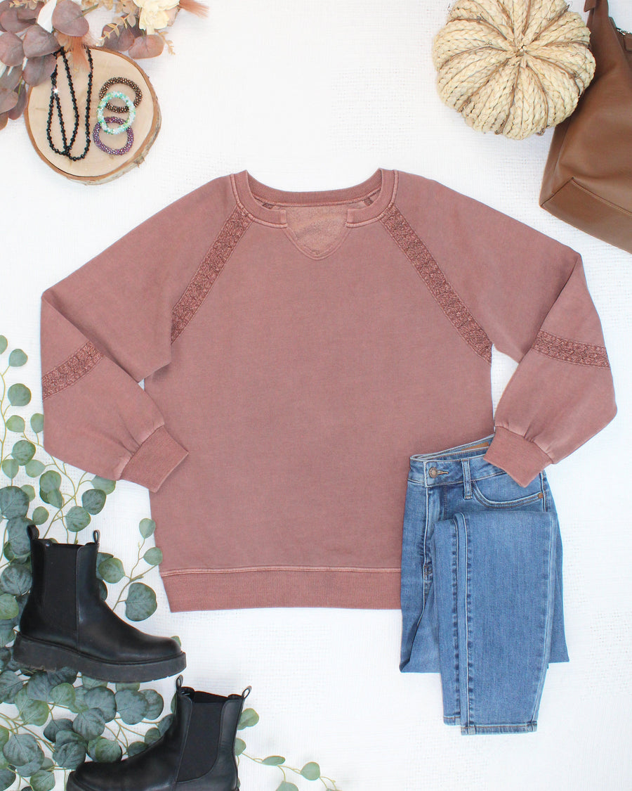 WAREHOUSE ONLY Lace Accent Vintage Wash Pullover - Brown