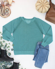 WAREHOUSE ONLY Lace Accent Vintage Wash Pullover - Teal