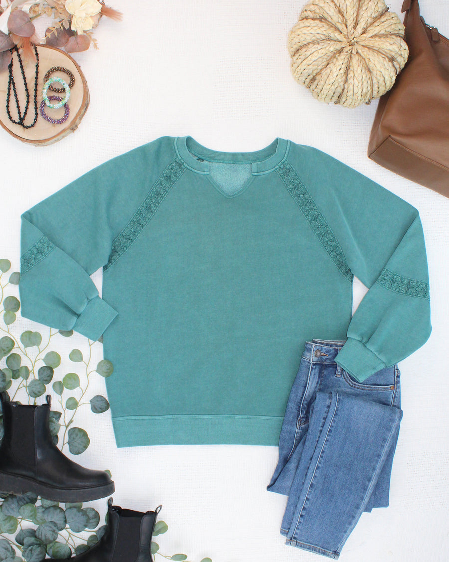 WAREHOUSE ONLY Lace Accent Vintage Wash Pullover - Teal