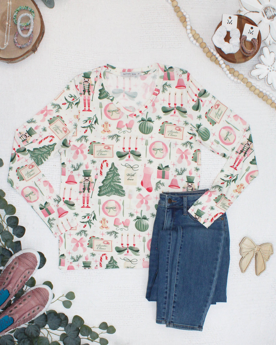 WAREHOUSE ONLY Larissa Long Sleeve - Pink Pine Noel