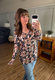 WAREHOUSE ONLY Long Sleeve Sarah Ruffle Top - Navy Autumn Petals
