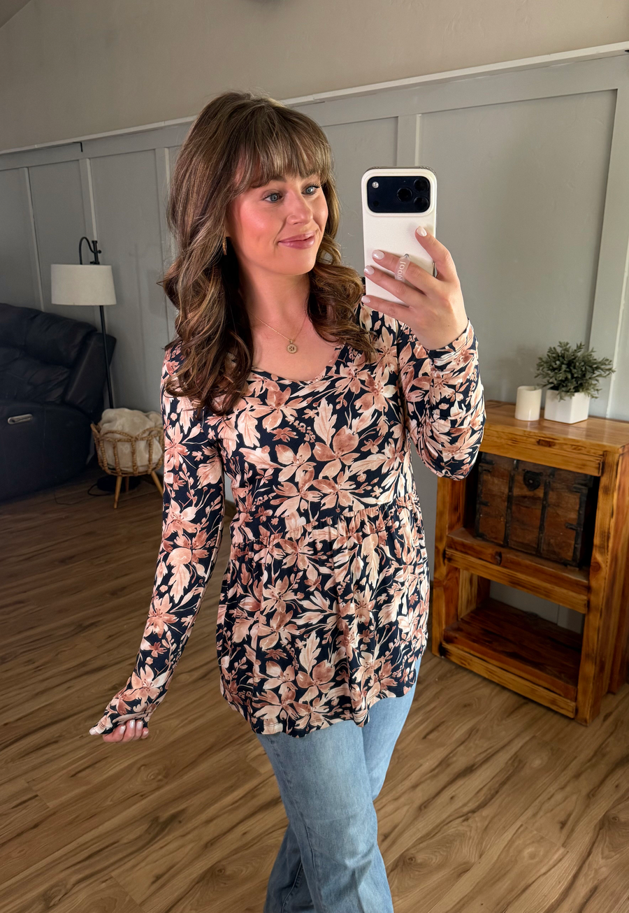 WAREHOUSE ONLY Long Sleeve Sarah Ruffle Top - Navy Autumn Petals