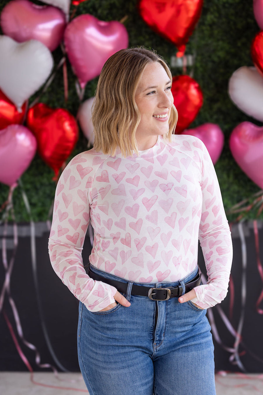 WAREHOUSE Blair Long Sleeve Top -  Blushing Pink Hearts