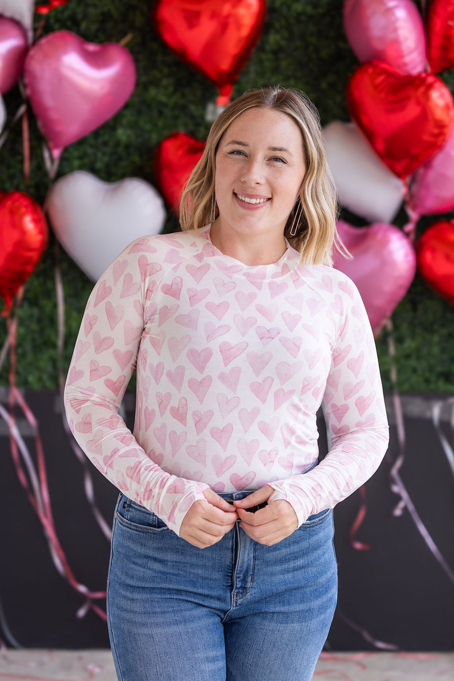 WAREHOUSE Blair Long Sleeve Top -  Blushing Pink Hearts