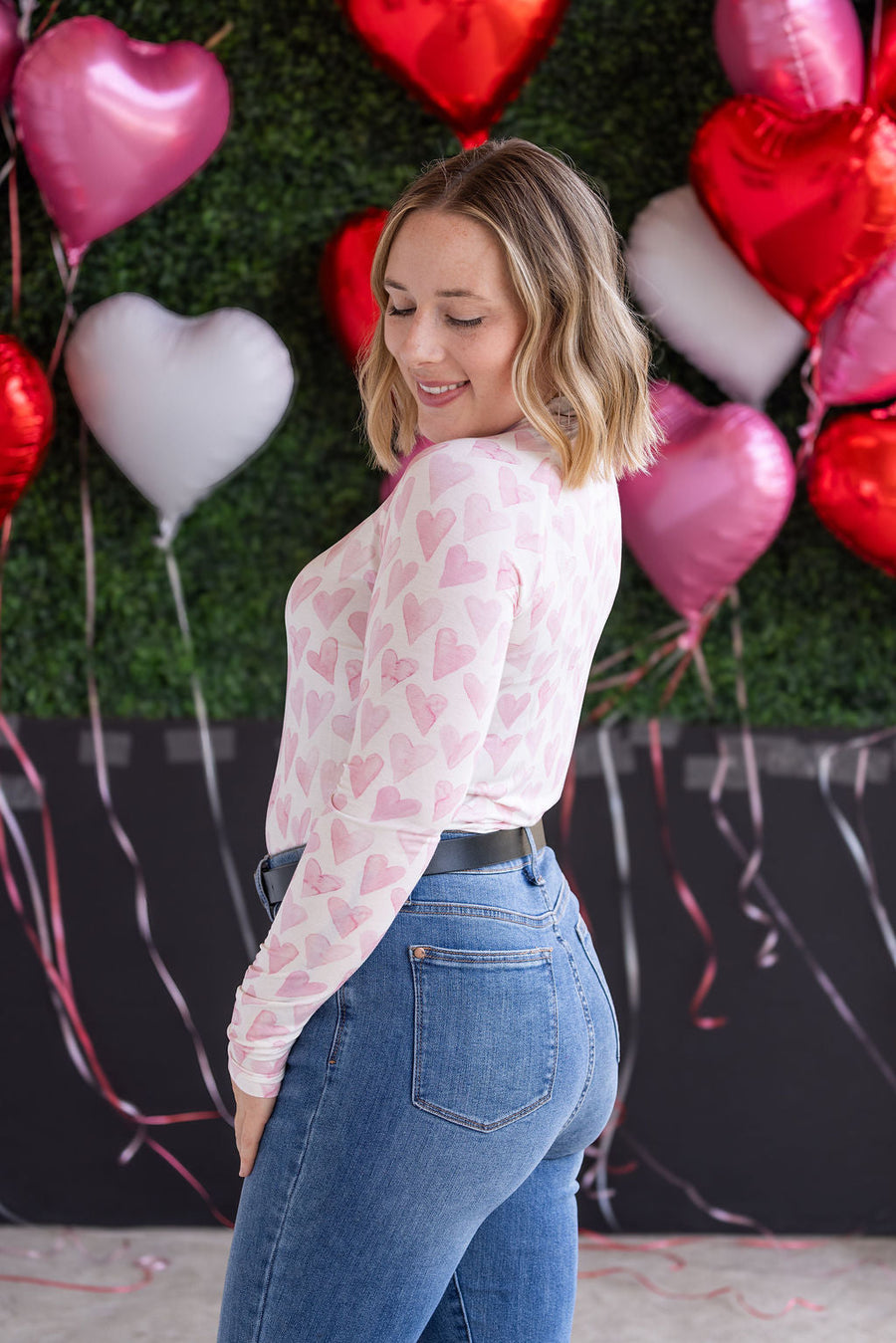 WAREHOUSE Blair Long Sleeve Top -  Blushing Pink Hearts