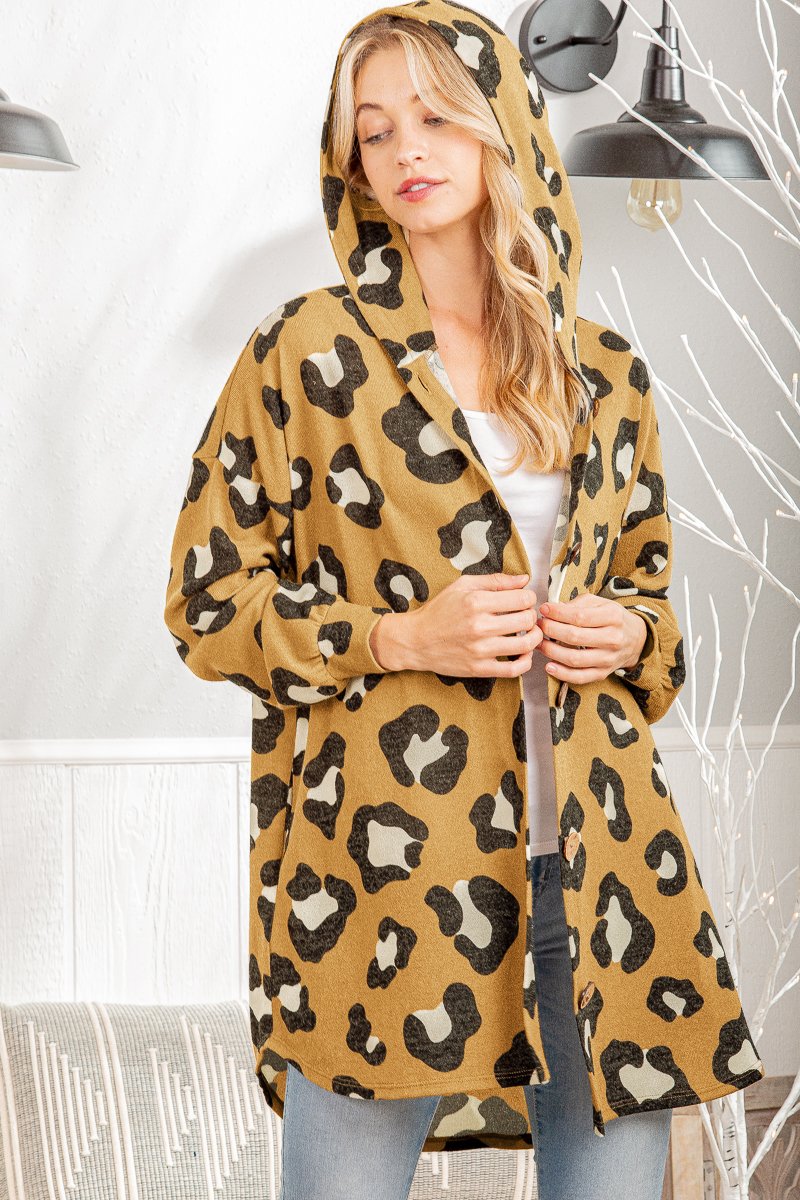 Animal Print Hooded Cardigan- Mustard