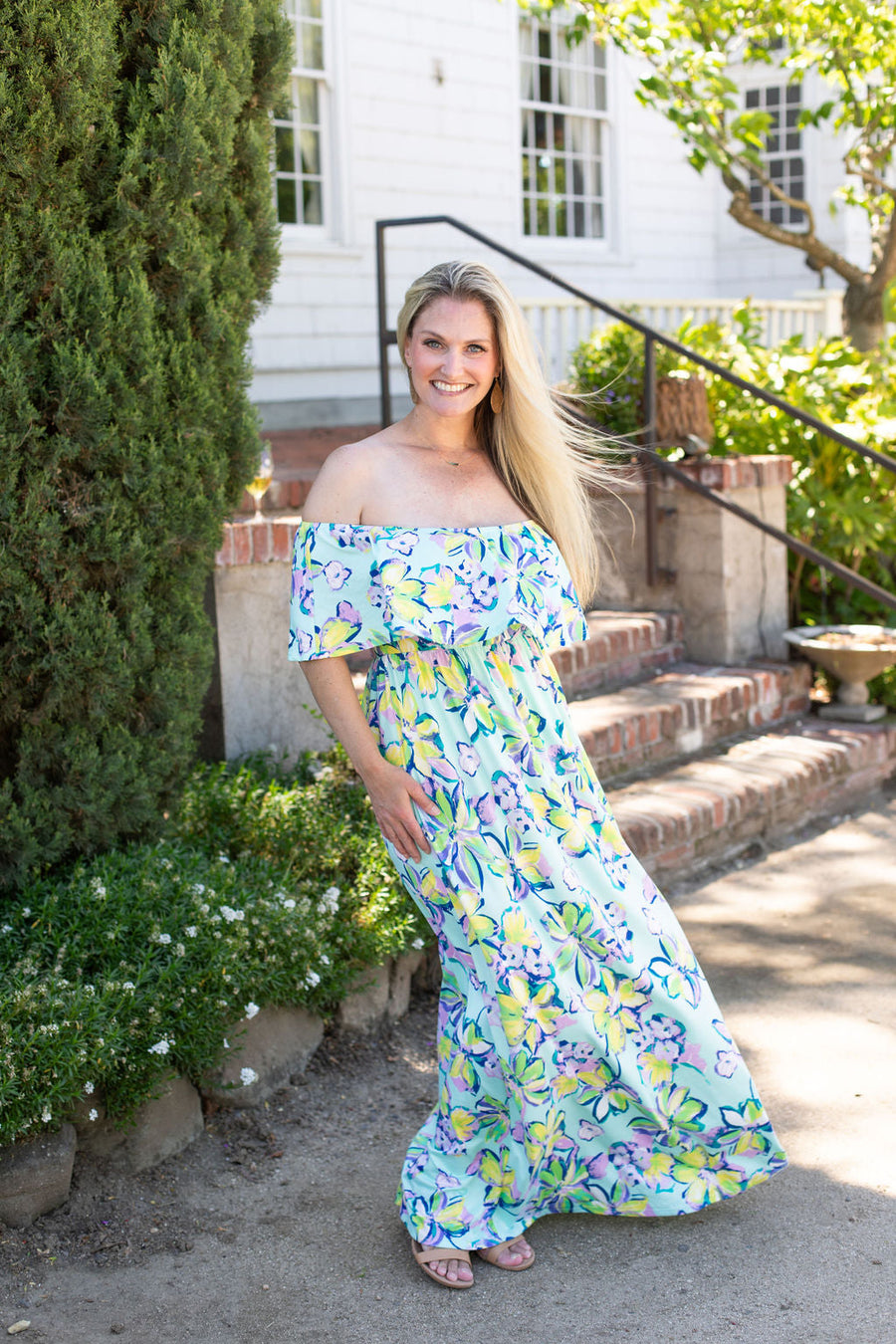 Oakley Off The Shoulder Maxi Dress - Mint Floral