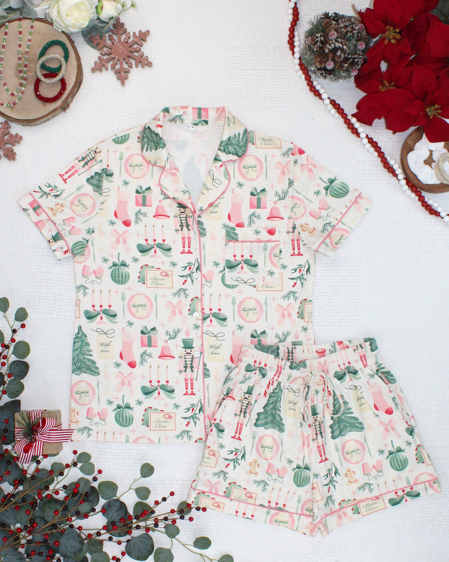 WAREHOUSE ONLY Brooke Top and Shorts Pajama Set - Pink Pine Noel