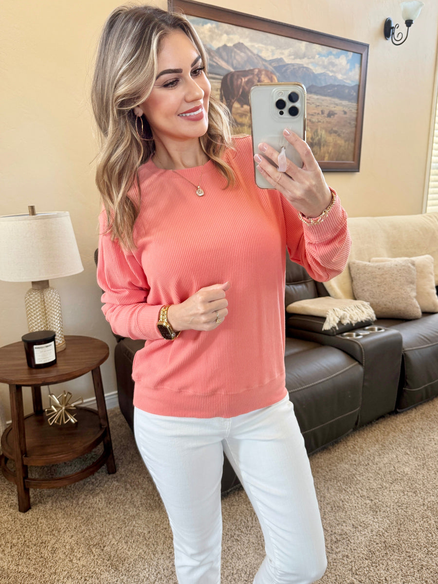 WAREHOUSE Corrine Ribbed Pullover Top - Coral