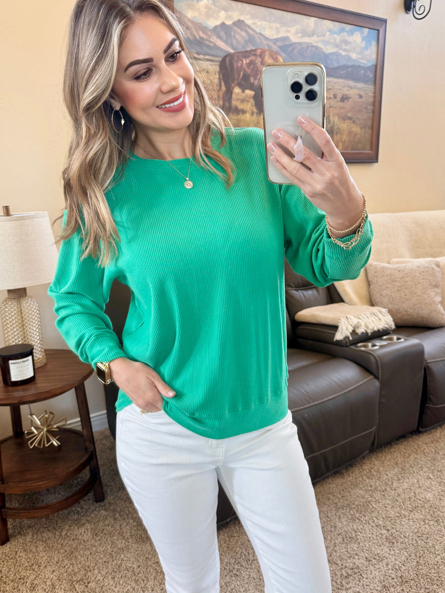 WAREHOUSE Corrine Ribbed Pullover Top - Emerald