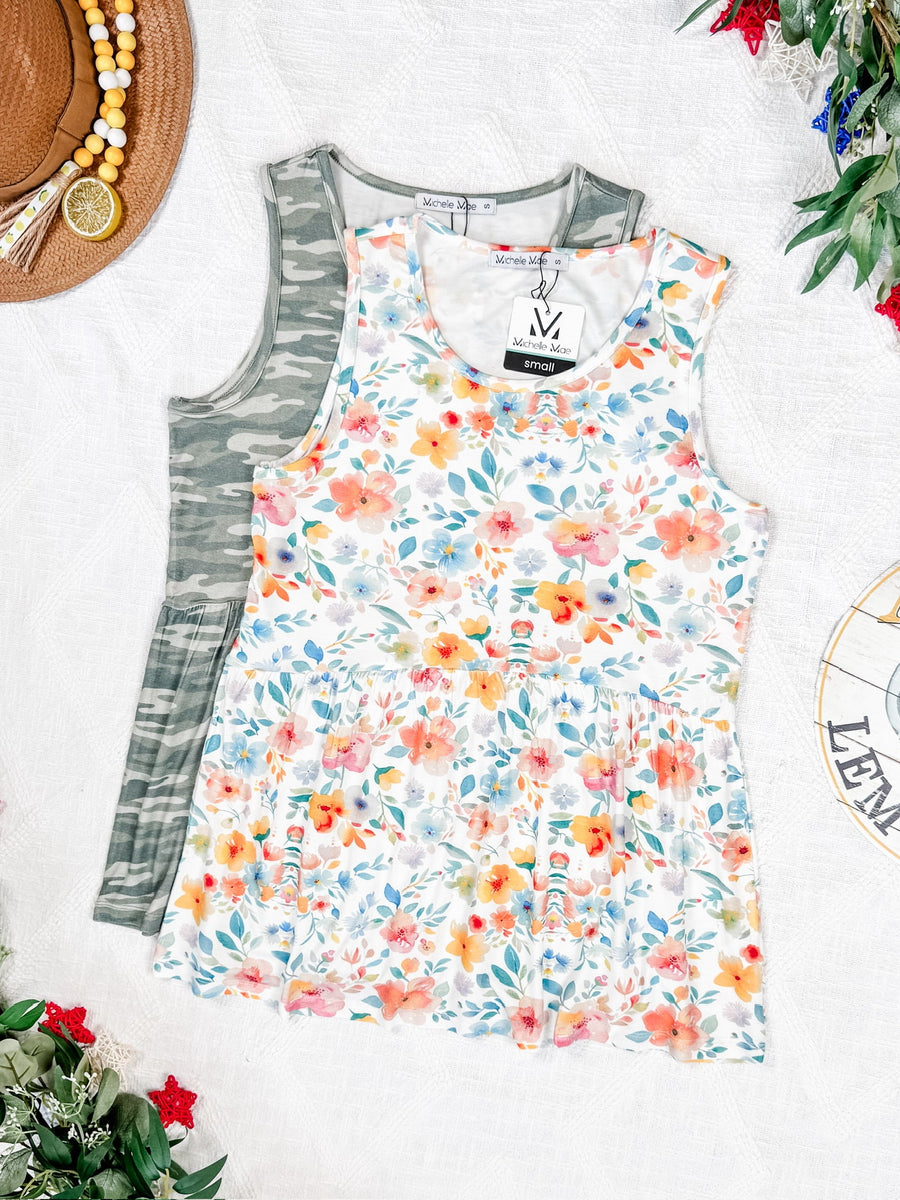 WAREHOUSE Renee Ruffle Tank Top - Camo