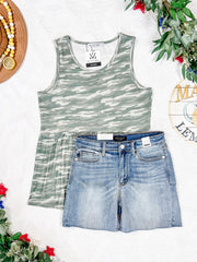 WAREHOUSE Renee Ruffle Tank Top - Camo