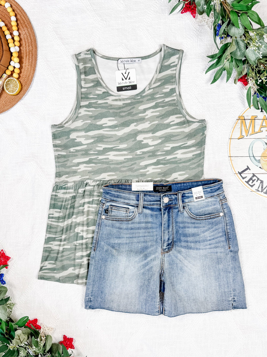 WAREHOUSE Renee Ruffle Tank Top - Camo