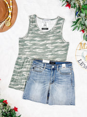WAREHOUSE Renee Ruffle Tank Top - Camo