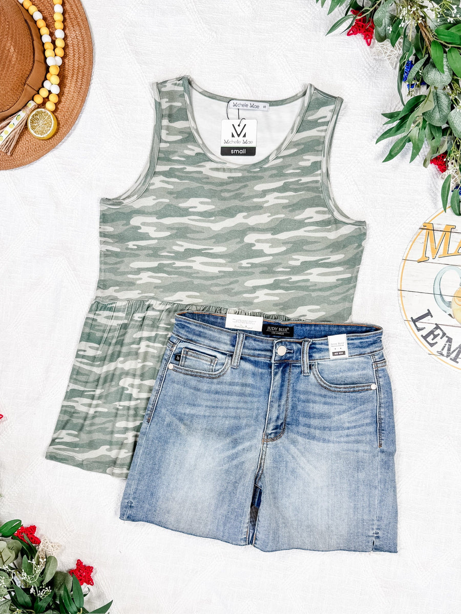 WAREHOUSE Renee Ruffle Tank Top - Camo