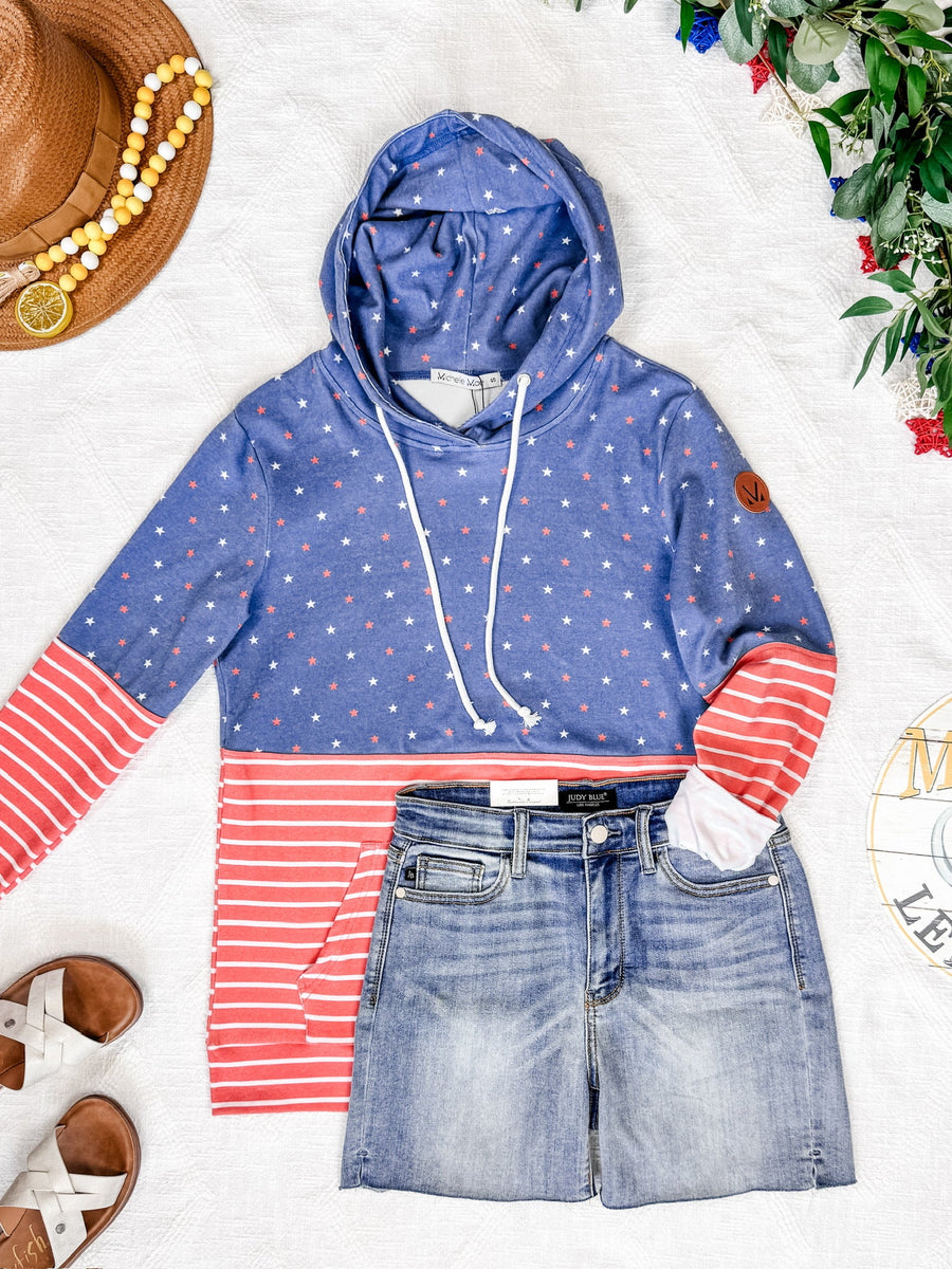 WAREHOUSE Hailey Pullover Hoodie - Faded Navy Freedom Stars and Stripes