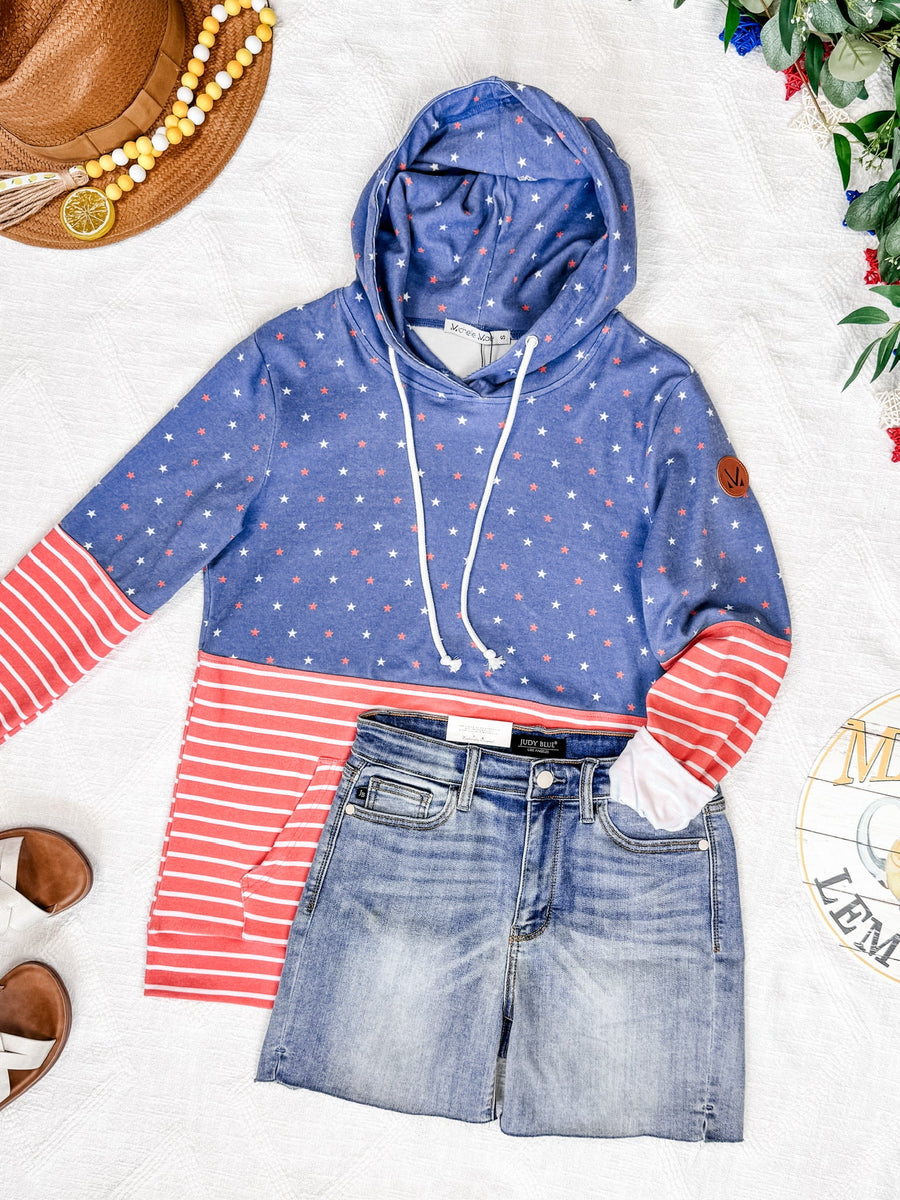 WAREHOUSE Hailey Pullover Hoodie - Faded Navy Freedom Stars and Stripes