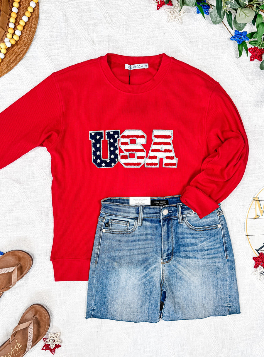 WAREHOUSE Corrine Pullover Top - Red USA Flag