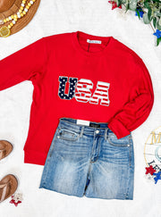 WAREHOUSE Corrine Pullover Top - Red USA Flag