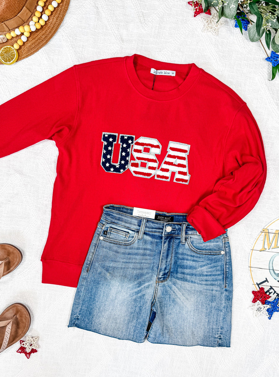 WAREHOUSE Corrine Pullover Top - Red USA Flag