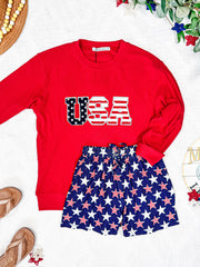 WAREHOUSE Corrine Pullover Top - Red USA Flag