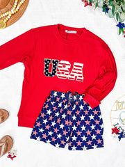 WAREHOUSE Corrine Pullover Top - Red USA Flag