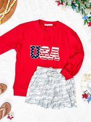 WAREHOUSE Corrine Pullover Top - Red USA Flag