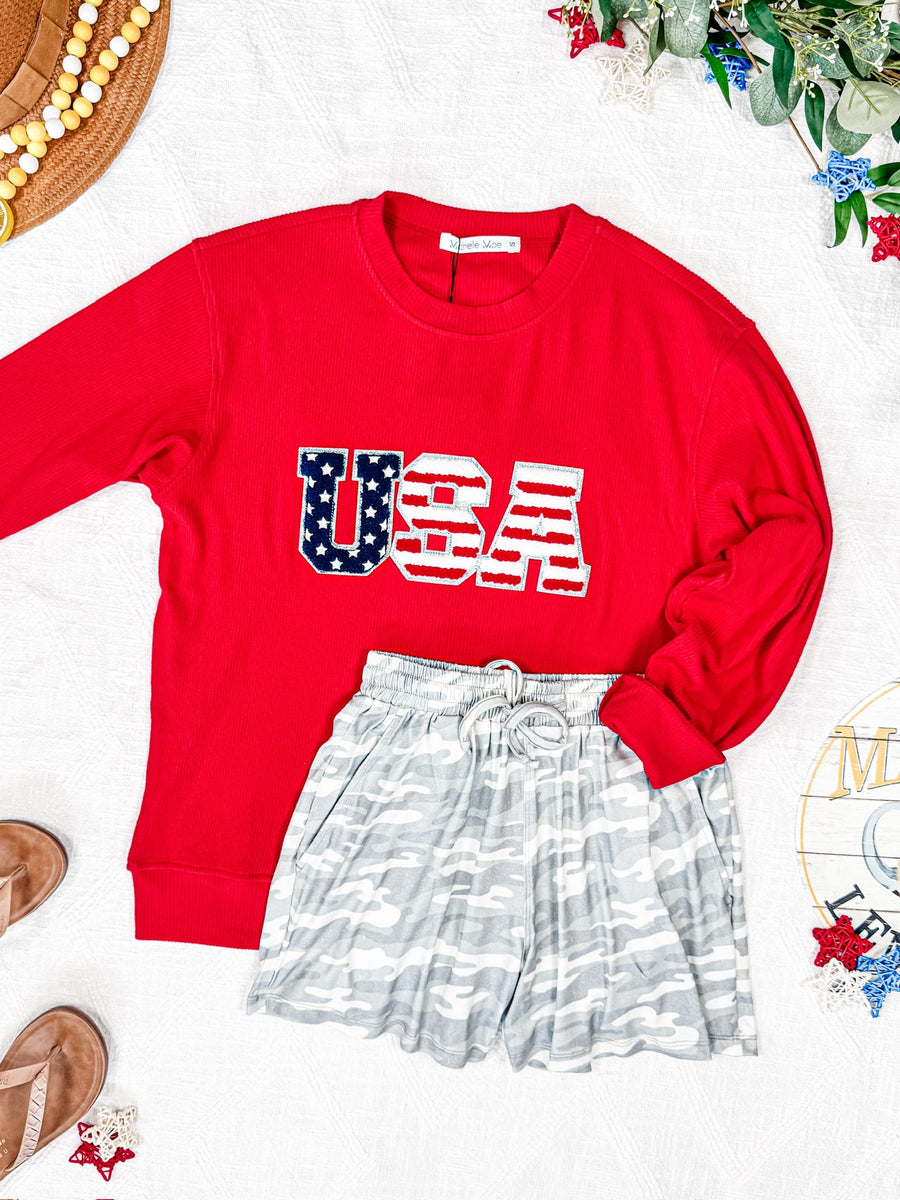 WAREHOUSE Corrine Pullover Top - Red USA Flag