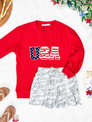 WAREHOUSE Corrine Pullover Top - Red USA Flag