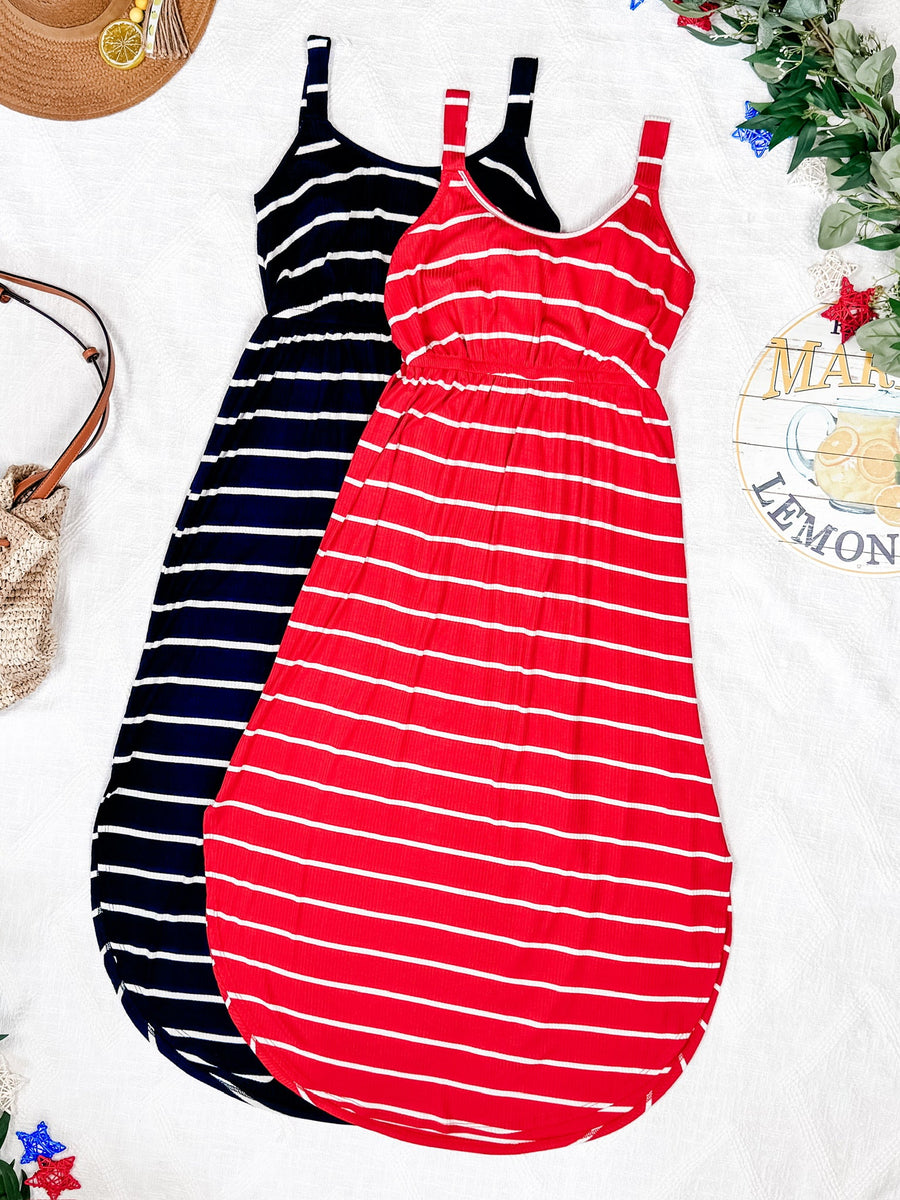 WAREHOUSE Reagan Ribbed Midi Dress - Red Stripes