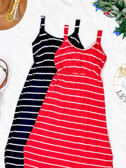 WAREHOUSE Reagan Ribbed Midi Dress - Red Stripes