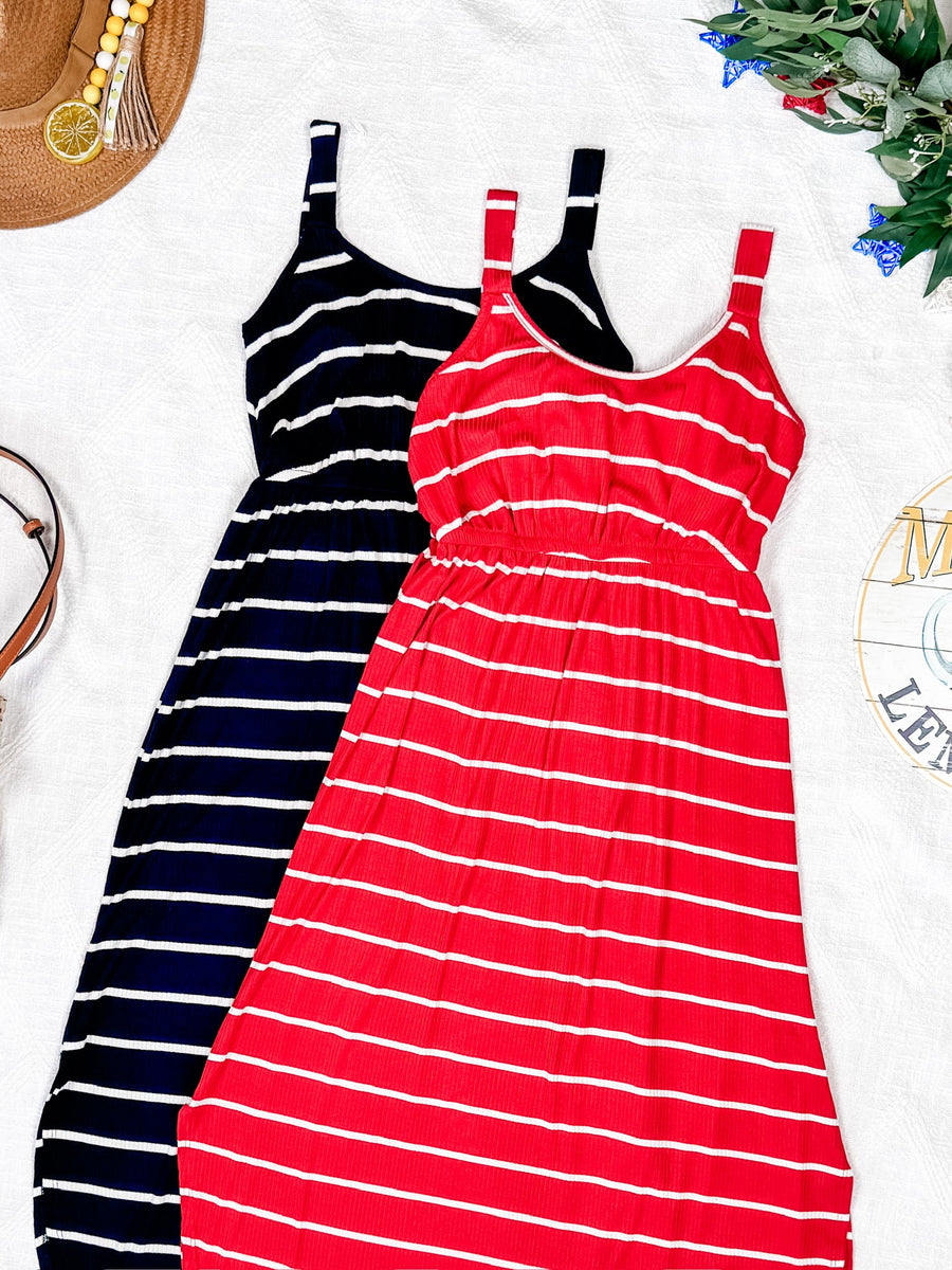 WAREHOUSE Reagan Ribbed Midi Dress - Red Stripes